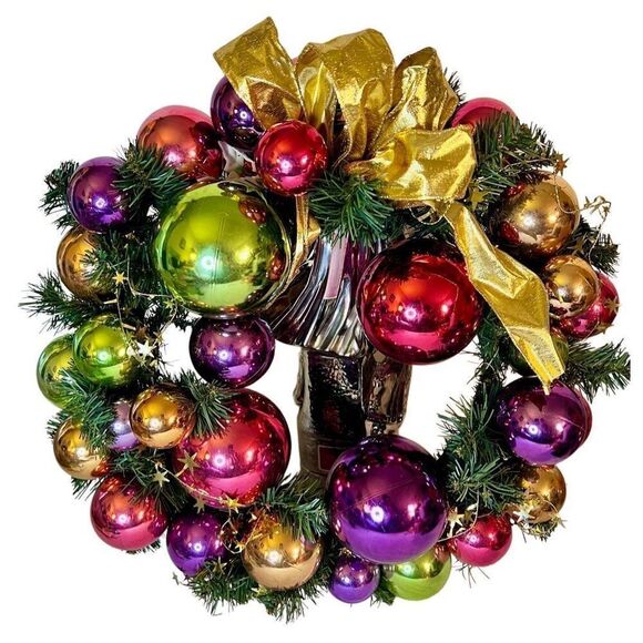 19” Vibrant Christmas Ball Wreath w Greenery and Bow - Picture 2 of 3